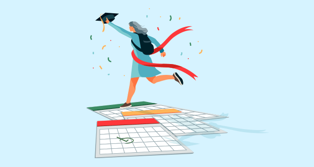 Illustration of a woman running a race and crossing the finish line, obtaining her degree with a grad cap in her hand